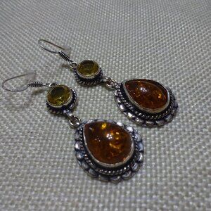 Gorgeous AMBER & CITRINE Handmade Sterling Dangle Earrings (1 1/2" Drop) #967B